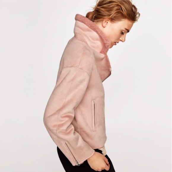 ZARA Cropped Jacket Suede Effect Faux Sherpa- Pink - Picture 2 of 5